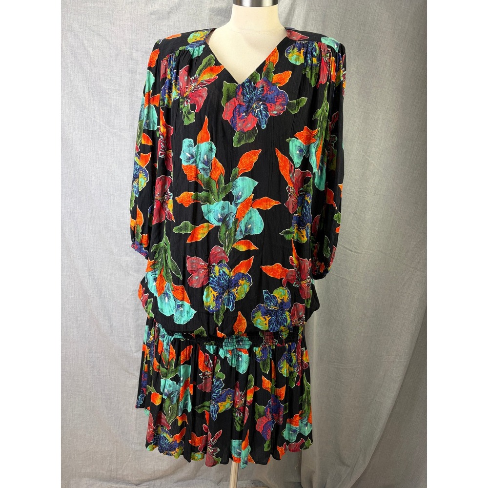 Vintage Sharon Anthony Black Floral‎ Drop Waist Dress Made in USA 16W 80s